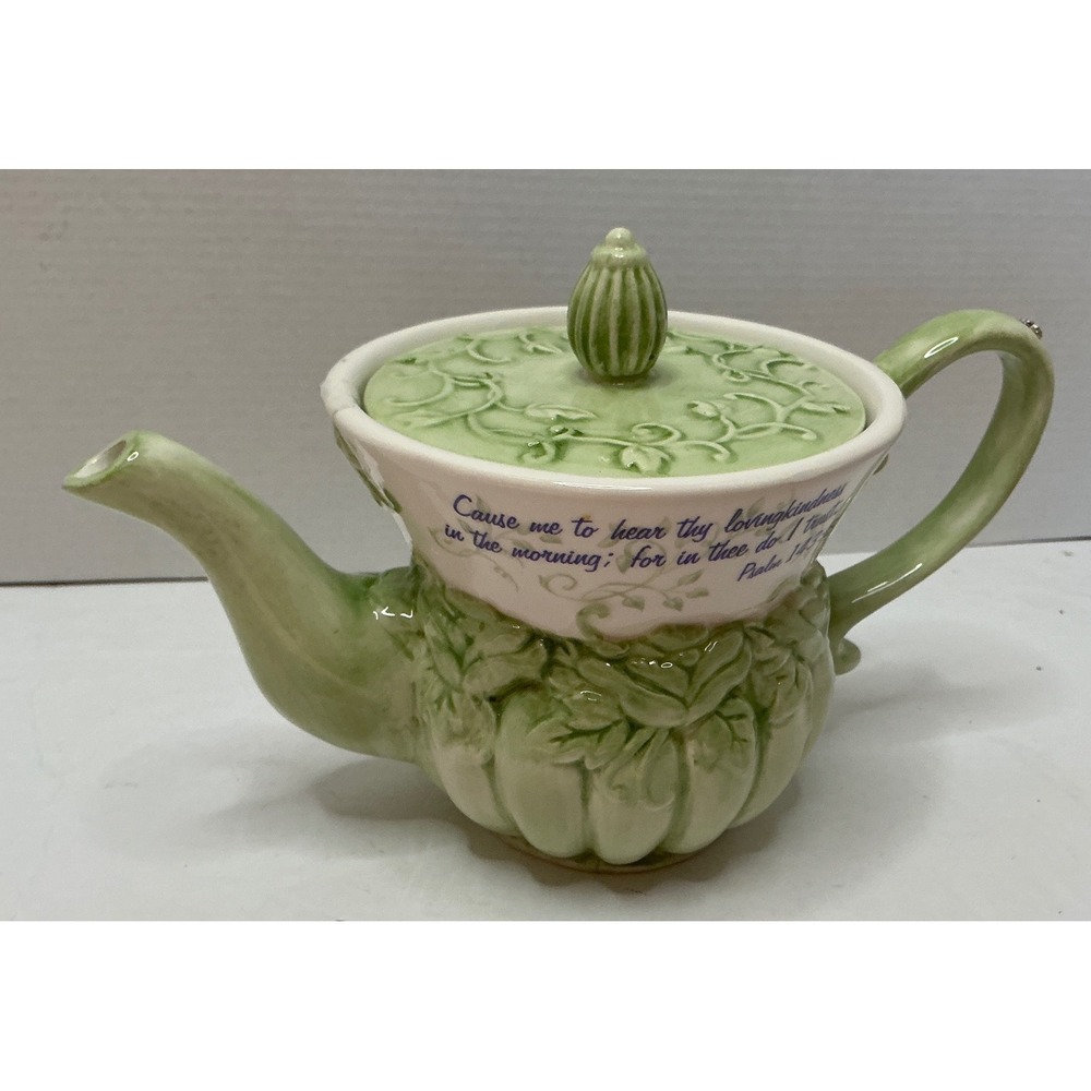 Michel & Company Ceramic Teapot Psalm 143:8 Scripture Green Leaf Embossed Cross